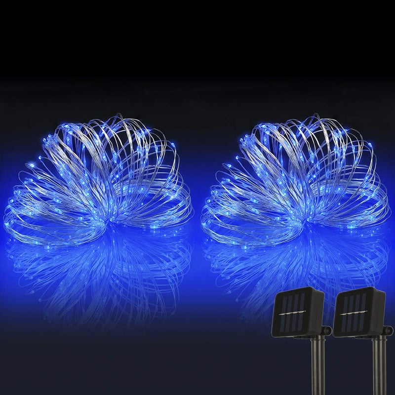 woohaha أضواء شريطية شمسية ووهها، 2 عبوة 33 قدم 100 LED أضواء نحاسية زرقاء، زينة مائية خيالية أضواء شريطية نجمية - 8 أوضاع، داخلية/خارجية للحدائق، الفناء، المنازل، الحفلات (أزرق، 2 قطعة) - Image 1